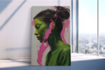 Woman's profile portrait in forest green with magenta paint drips, bold contemporary oil painting canvas for living room