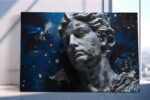 Fractured classical marble bust in navy blue and cool grey, dramatic digital art canvas for living room or home office