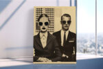 Two suited figures with halftone faces in warm sepia tones, retro collage mixed-media wall art for home office