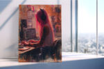 Tattooed pink-haired woman at mixing console, warm rose and burnt orange tones, contemporary portrait canvas art