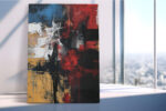 Bold abstract acrylic with deep crimson, ochre gold, and near-black paint blocks, moody expressionist wall art canvas