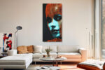 Cyan-lit halftone portrait with vivid orange dome pattern, high-contrast digital art canvas for living room or home office