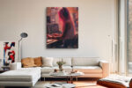 Tattooed pink-haired woman at mixing console, warm rose and burnt orange tones, contemporary portrait canvas art