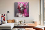 Silver-grey female bust with magenta paint splashes, digital art portrait canvas for contemporary living room or bedroom