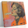 Woman's side-profile portrait in vivid orange and charcoal, exhaling smoke, mixed media contemporary canvas wall art