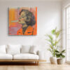 Woman's side-profile portrait in vivid orange and charcoal, exhaling smoke, mixed media contemporary canvas wall art