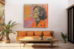 Woman's side-profile portrait in vivid orange and charcoal, exhaling smoke, mixed media contemporary canvas wall art