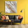 Diagonal impasto brushstrokes in off-white, warm gray, and gold, abstract oil-texture canvas for living room or home office
