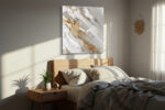 Diagonal impasto brushstrokes in off-white, warm gray, and gold, abstract oil-texture canvas for living room or home office