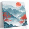 Red-blossomed trees and faceted red sun over layered teal mountain ridges, digital art canvas for living room