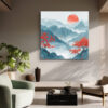 Red-blossomed trees and faceted red sun over layered teal mountain ridges, digital art canvas for living room