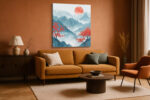 Red-blossomed trees and faceted red sun over layered teal mountain ridges, digital art canvas for living room
