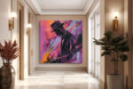 Man in fedora hat silhouette against magenta and violet brushstrokes, bold portrait digital art canvas for living room