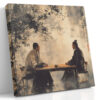Two robed figures at a tea ceremony, ink-wash style in parchment and charcoal, japandi wall art canvas for living room