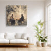 Two robed figures at a tea ceremony, ink-wash style in parchment and charcoal, japandi wall art canvas for living room