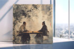 Two robed figures at a tea ceremony, ink-wash style in parchment and charcoal, japandi wall art canvas for living room