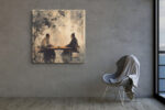 Two robed figures at a tea ceremony, ink-wash style in parchment and charcoal, japandi wall art canvas for living room