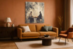Two robed figures at a tea ceremony, ink-wash style in parchment and charcoal, japandi wall art canvas for living room