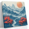 Paper-cut mountain landscape with coral red flowering trees and steel blue ridges, square canvas for living room