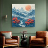 Paper-cut mountain landscape with coral red flowering trees and steel blue ridges, square canvas for living room