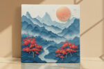 Paper-cut mountain landscape with coral red flowering trees and steel blue ridges, square canvas for living room