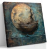 Tall sailing ship crossing a full moon in teal, bronze and gold, nautical mixed-media wall art canvas for living room