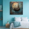 Tall sailing ship crossing a full moon in teal, bronze and gold, nautical mixed-media wall art canvas for living room