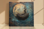 Tall sailing ship crossing a full moon in teal, bronze and gold, nautical mixed-media wall art canvas for living room