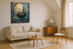 Tall sailing ship crossing a full moon in teal, bronze and gold, nautical mixed-media wall art canvas for living room