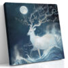 White deer with blossoming antlers beneath a full moon and ocean waves, mysterious japandi digital art wall canvas