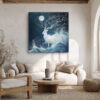 White deer with blossoming antlers beneath a full moon and ocean waves, mysterious japandi digital art wall canvas