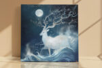 White deer with blossoming antlers beneath a full moon and ocean waves, mysterious japandi digital art wall canvas