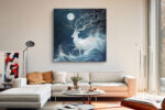 White deer with blossoming antlers beneath a full moon and ocean waves, mysterious japandi digital art wall canvas