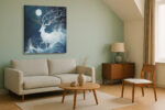 White deer with blossoming antlers beneath a full moon and ocean waves, mysterious japandi digital art wall canvas