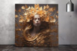 Serene female figure with golden roses and flowing hair, romantic floral portrait canvas for bedroom or living room