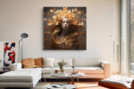 Serene female figure with golden roses and flowing hair, romantic floral portrait canvas for bedroom or living room