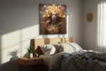 Serene female figure with golden roses and flowing hair, romantic floral portrait canvas for bedroom or living room