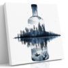 Glass bottle double-exposure forest and lake scene in dark navy and steel blue, contemporary nature canvas wall art