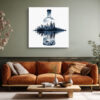 Glass bottle double-exposure forest and lake scene in dark navy and steel blue, contemporary nature canvas wall art