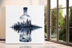 Glass bottle double-exposure forest and lake scene in dark navy and steel blue, contemporary nature canvas wall art