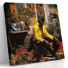 Seated figure in vivid yellow jacket with headphones, plants and boombox, bold graphic digital art canvas for living room