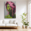 Bold female figure portrait in vivid yellow-green and pink dripping paint, expressive oil painting canvas for living room