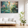 Woman in white dress among oversized water lilies, teal pond reflection, art nouveau digital art canvas for bedroom or spa