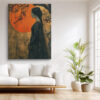 Woman in profile silhouette with crimson blossoms and orange sun, dramatic bohemian portrait canvas wall art