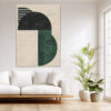 Bold geometric abstract with black semicircle, striped arc, and forest green form on textured off-white canvas wall art