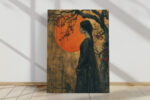 Woman in profile silhouette with crimson blossoms and orange sun, dramatic bohemian portrait canvas wall art
