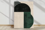 Bold geometric abstract with black semicircle, striped arc, and forest green form on textured off-white canvas wall art