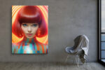Bold female portrait with red bob and concentric halo rings in vivid red and amber, digital art canvas for living room