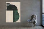 Bold geometric abstract with black semicircle, striped arc, and forest green form on textured off-white canvas wall art