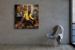 Seated figure in vivid yellow jacket with headphones, plants and boombox, bold graphic digital art canvas for living room